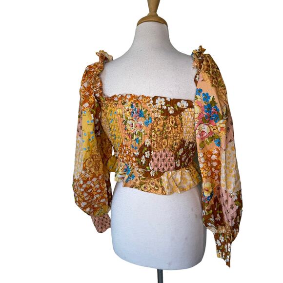 SPELL FREDA SHIRRED BLOUSE Amber 100% Organic Cotton Boho Floral Size Small NWT - Picture 12 of 15